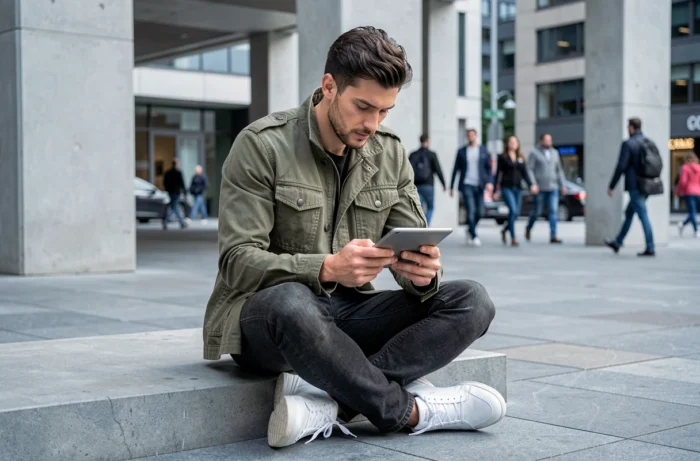Homme en tenue streetwear tendance consultant les actualités mode sur une tablette dans un espace urbain moderne
