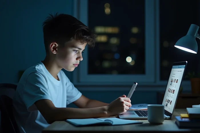 Adolescent utilisant Snapchat la nuit à son bureau, symbolisant l'activité nocturne qui fait monter le score Snap