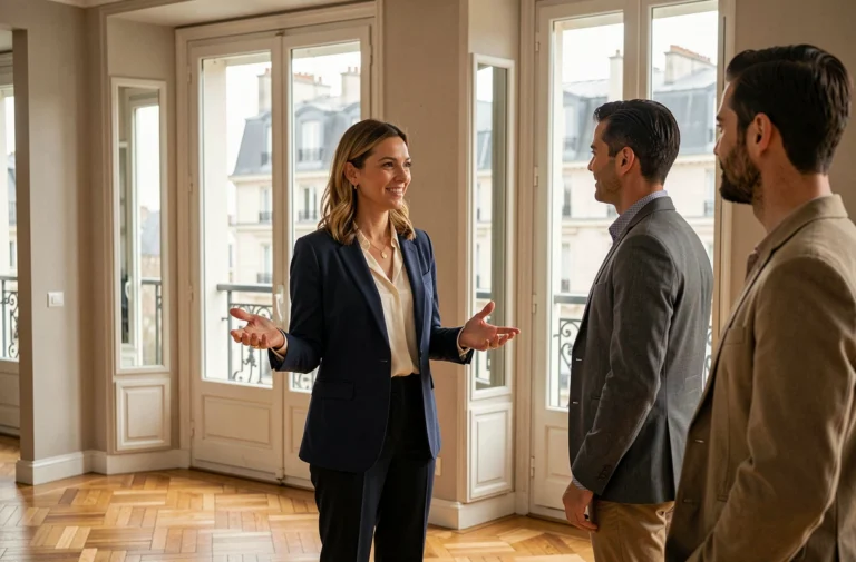 Agent immobilière présentant un appartement haussmannien à Paris à un couple lors d'une visite