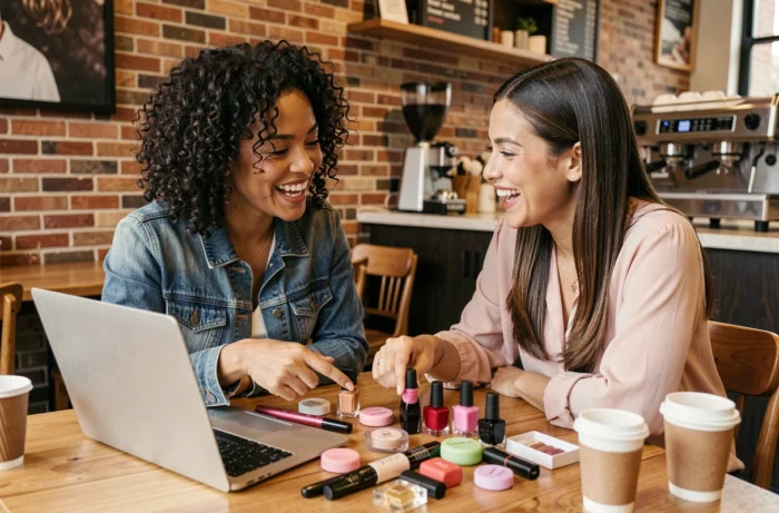 Deux amies découvrant ensemble des promotions beauté en ligne dans un café avec des produits étalés sur la table