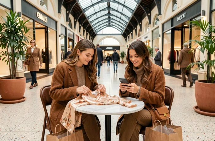Deux amies découvrant leurs achats de mode autour d'un café dans une galerie marchande élégante aux tons automnaux