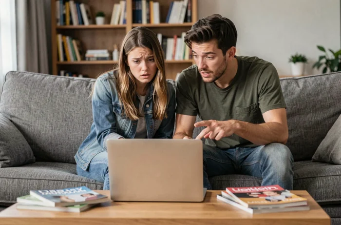 Deux amis regardant un ordinateur portable ensemble, discutant des paramètres de confidentialité et des amis cachés sur Facebook
