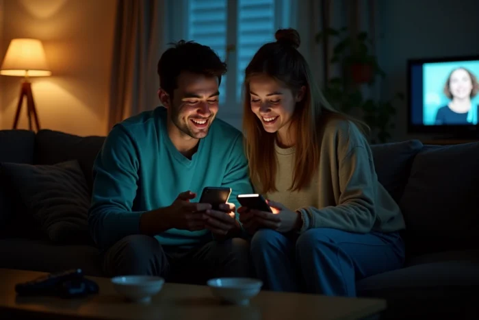Deux amis échangeant des snaps tard le soir sur leur canapé, expliquant pourquoi le score Snapchat augmente pendant la nuit