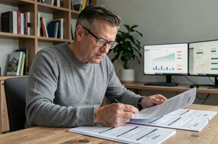 Homme consultant des données du marché immobilier français dans un bureau à domicile moderne