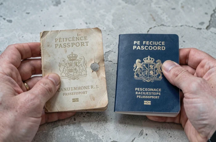 Comparaison entre un ancien passeport français périmé perforé et un nouveau passeport valide tenus par des mains masculines