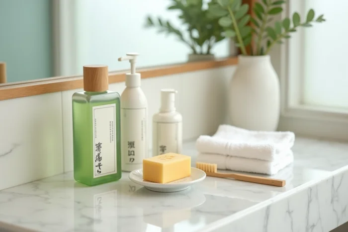 Articles de toilette d'hôtel japonais soigneusement disposés sur un comptoir en marbre blanc dans une salle de bain minimaliste de ryokan