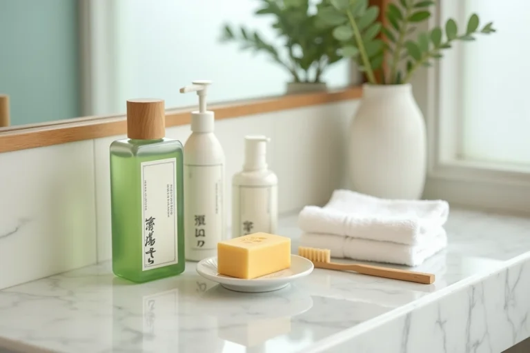 Articles de toilette d'hôtel japonais soigneusement disposés sur un comptoir en marbre blanc dans une salle de bain minimaliste de ryokan
