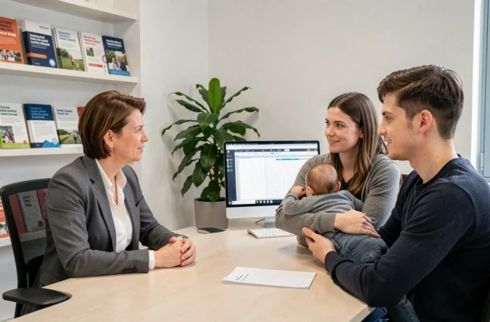 Assistante sociale belge expliquant le barème des allocations familiales à un jeune couple avec bébé dans un bureau administratif