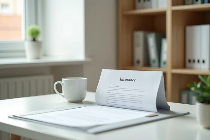 Bureau à domicile avec dossier d'assurance habitation, illustrant la gestion sereine d'un contrat Foncia