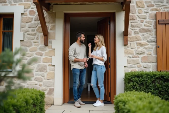 Couple devant l'entrée de leur maison individuelle en France, symbolisant la protection du logement