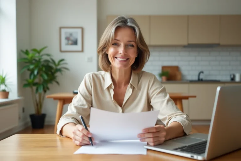 Femme consultant des documents d'assurance habitation dans un appartement moderne et bien décoré