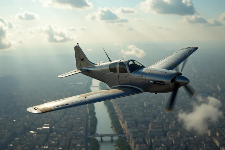 Petit avion à hélice survolant Paris avec vue aérienne sur la Tour Eiffel et la Seine