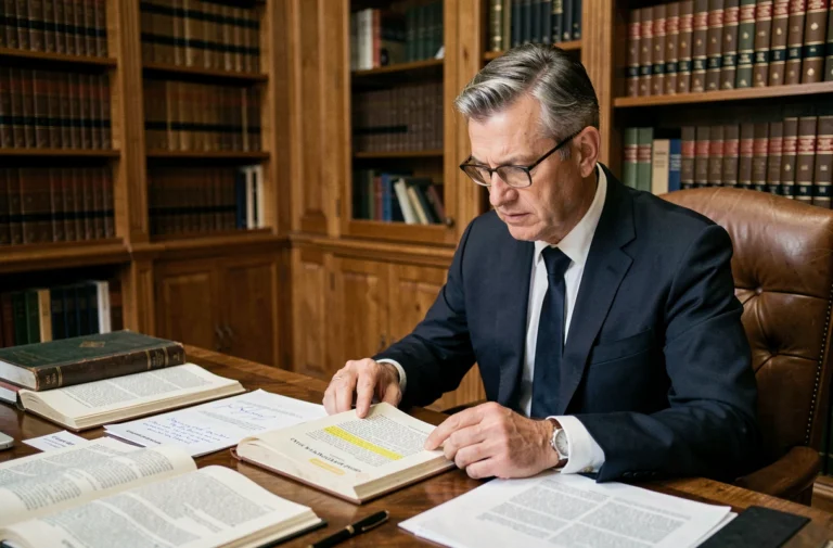 Avocat consultant des documents juridiques sur l'article 1382 du code civil dans un bureau rempli de livres de droit