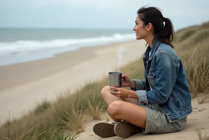 Femme contemplant l'Atlantique depuis une dune sauvage dans les Landes lors d'un bivouac