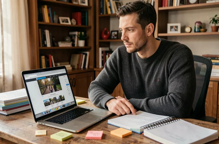 Homme travaillant sur un blog créatif dans un bureau à domicile organisé avec ordinateur portable et carnets de notes