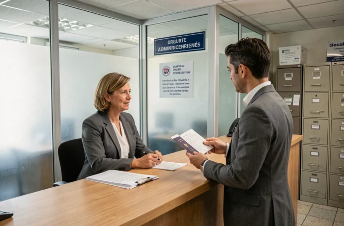 Fonctionnaire dans un bureau administratif français expliquant la procédure de renouvellement de passeport à un usager