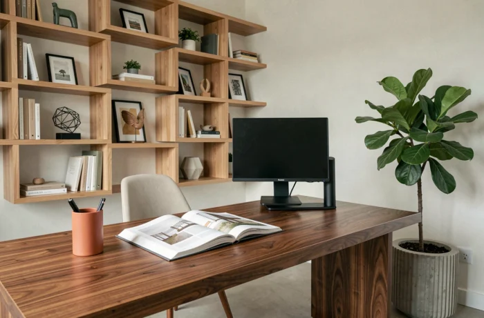 Bureau moderne à domicile avec bureau en noyer massif, étagères en frêne et plantes d'intérieur pour un espace de travail décoré avec style