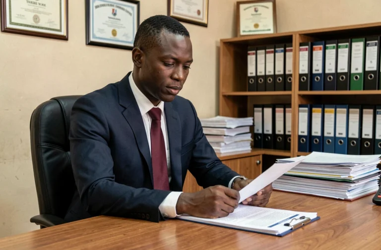 Fonctionnaire camerounais en costume étudiant des documents administratifs dans un bureau gouvernemental à Yaoundé