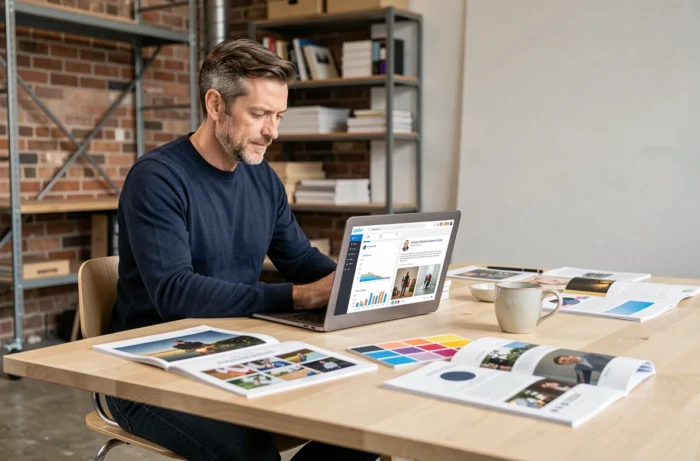 Responsable marketing dans un studio loft travaillant sur une campagne digitale pour une exposition d'art