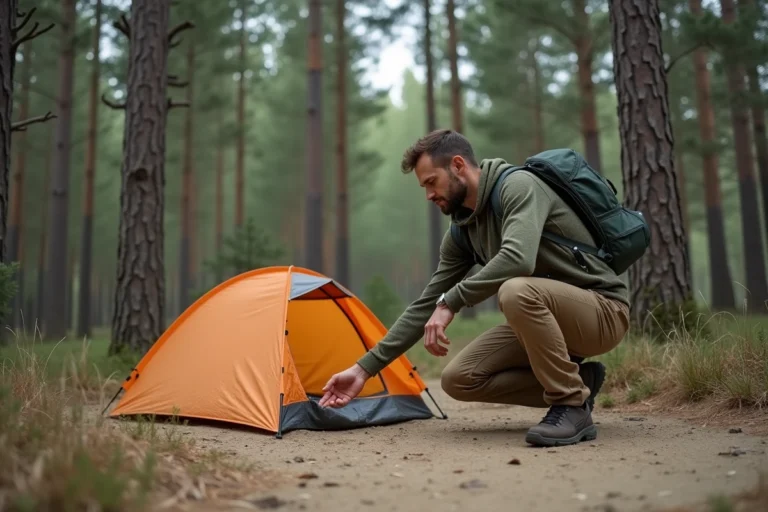 Randonneur installant sa tente en camping sauvage dans la forêt de pins des Landes