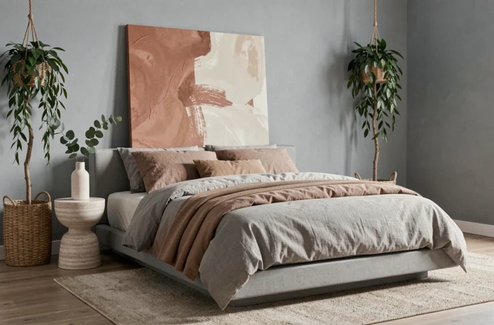 Chambre contemporaine avec lit plateforme, literie en coton bio taupe et table de chevet en travertin pour une décoration intérieure moderne et épurée