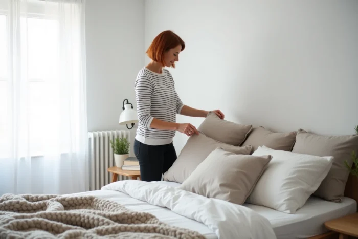 Femme réarrangeant des coussins sur un lit dans une chambre de style scandinave avec décoration épurée