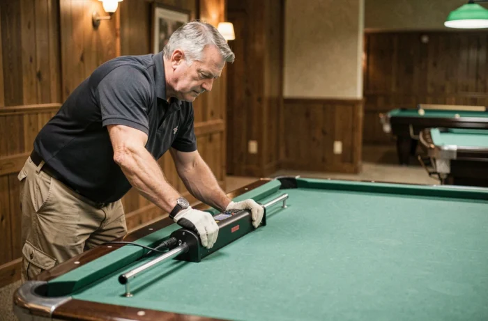 Technicien chauffant la surface d'un billard professionnel avec un appareil spécialisé dans une salle de billard en bois