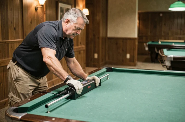 Technicien chauffant la surface d'un billard professionnel avec un appareil spécialisé dans une salle de billard en bois