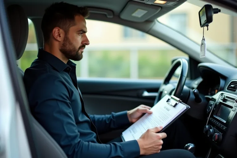 Chauffeur de taxi en formation consultant ses documents de cours assis dans son véhicule professionnel