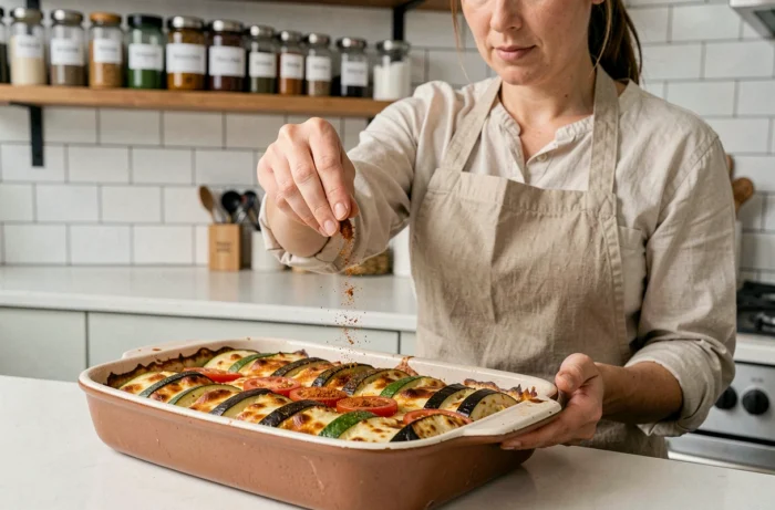 Cheffe saupoudrant du paprika fumé sur un gratin de légumes coloré dans une cuisine moderne