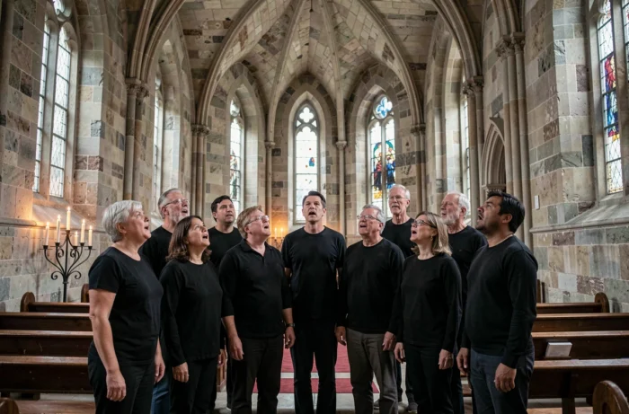 Chœur d'adultes chantant des chants funèbres dans une chapelle en pierre aux vitraux gothiques