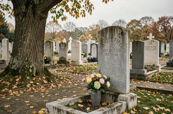 Cimetière français en automne avec des pierres tombales en granit et des fleurs fraîches illustrant les frais d'obsèques