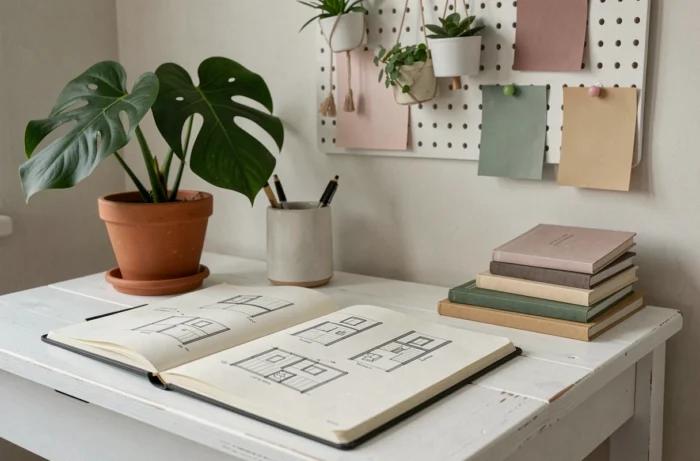Coin bureau à domicile avec plante monstera, cahier de croquis déco et tableau d'inspiration pour aménagement intérieur