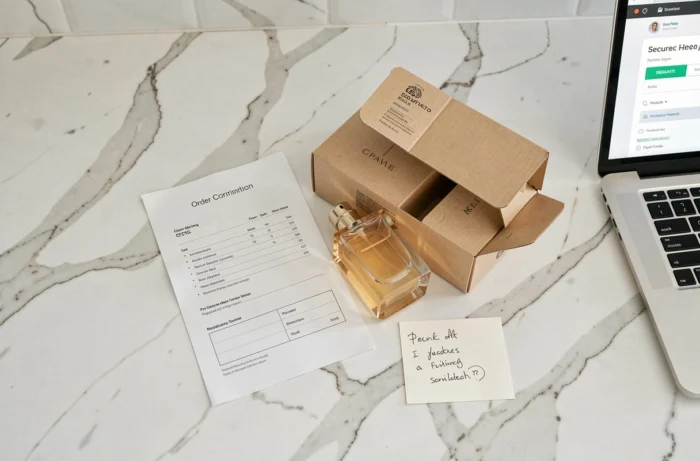 Vue de dessus d'un parfum reçu après commande en ligne avec son emballage et confirmation de livraison