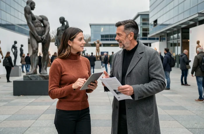 Deux professionnels du marketing discutant d'une stratégie lors d'une foire d'art contemporain en plein air