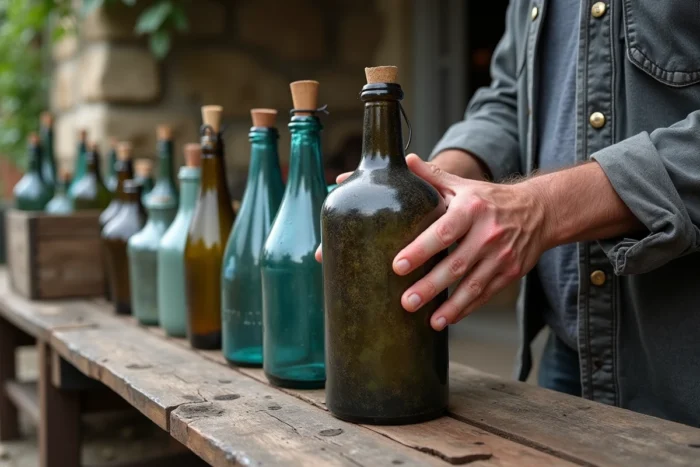 Mains d'un homme âgé inspectant une collection de bouteilles en verre anciennes posées sur un établi en bois rustique