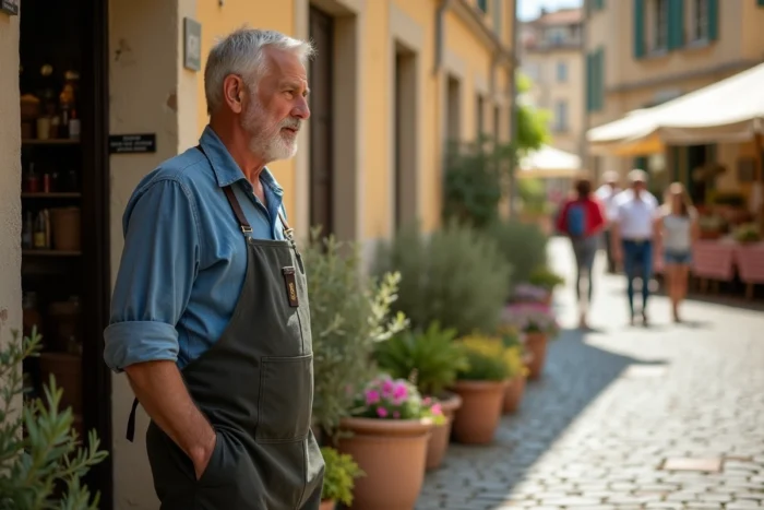 Commerçant observant des pots de plantes disposés sur le trottoir devant sa boutique dans un village provençal