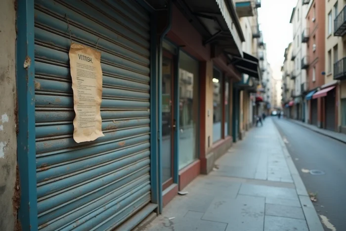 Devanture de commerce fermée définitivement avec rideaux métalliques baissés et avis administratif collé