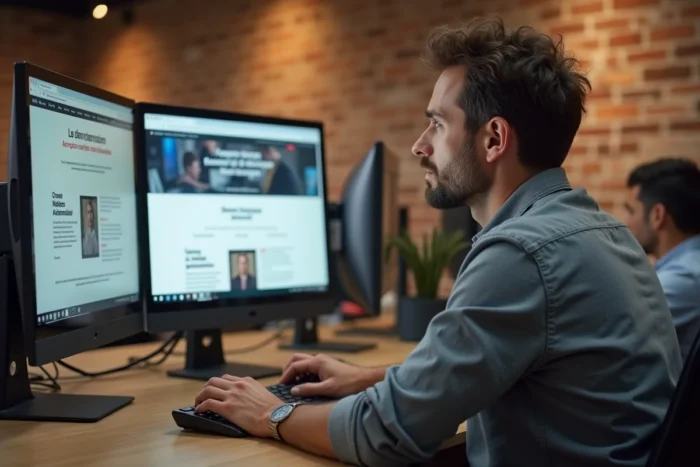 Homme comparant plusieurs annuaires professionnels en ligne dans un espace de coworking