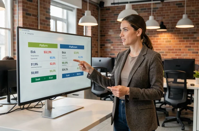 Femme professionnelle présentant une comparaison de revenus entre deux plateformes de contenu sur un grand écran de bureau en espace de coworking