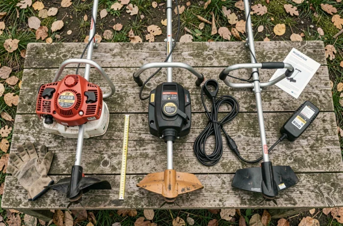 Comparaison de trois types de débroussailleuses posées sur une surface en bois, modèles essence, électrique et batterie