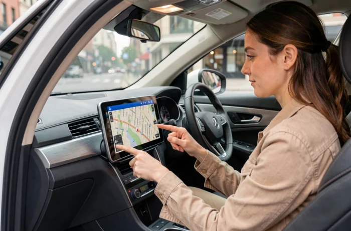 Conductrice utilisant un GPS intégré sur l'écran central d'une voiture en ville