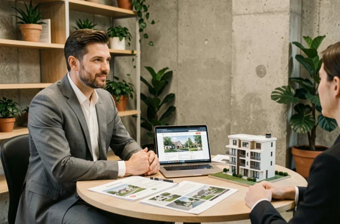 Conseiller immobilier présentant un portfolio d'investissement à un client dans un espace moderne de consultation