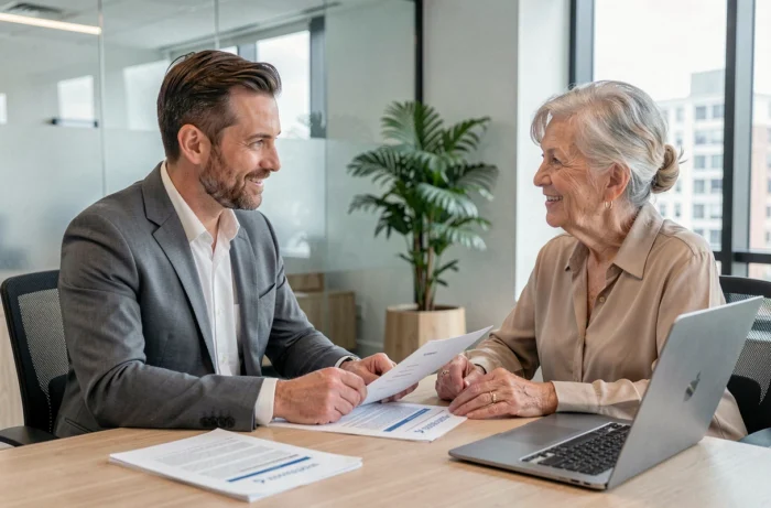 Conseiller en prévoyance expliquant les aides sociales IRCEM à une cliente retraitée