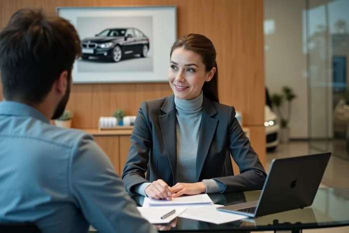 Conseillère commerciale BMW en entretien de vente avec un client dans un bureau de concession