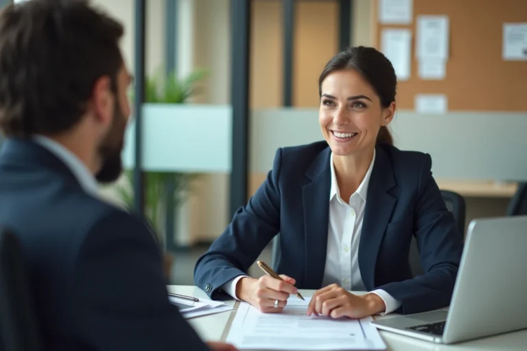 Conseillère en emploi discutant avec un demandeur d'emploi dans un bureau moderne lors d'une séance de conseil en insertion professionnelle