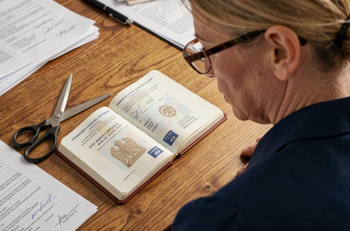 Femme examinant un passeport français ouvert avec des pages découpées posées sur un bureau en bois