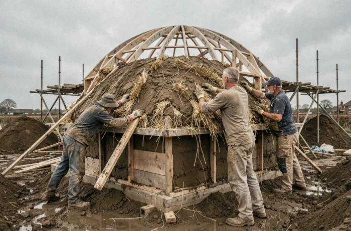 Chantier de construction d'une maison kerterre en cours, deux personnes appliquant manuellement un mélange de terre et de paille sur une armature en bois, illustrant la complexité et la lenteur du processus