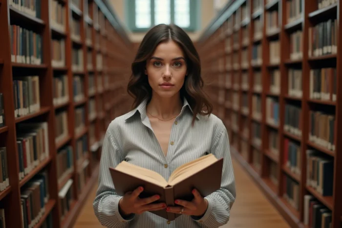 Jeune femme consultant un ouvrage de référence en grammaire française dans une bibliothèque pour vérifier l'orthographe d'une locution