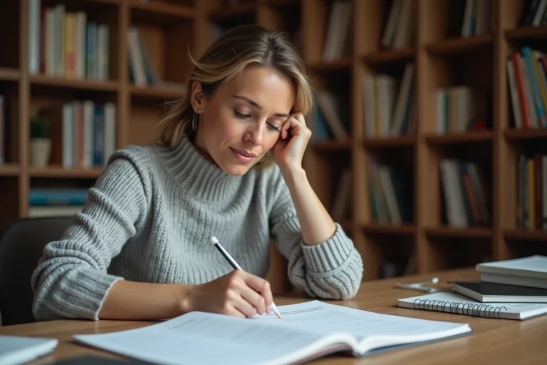 Femme relisant un texte manuscrit en français avec un crayon, cherchant la bonne orthographe d'une expression